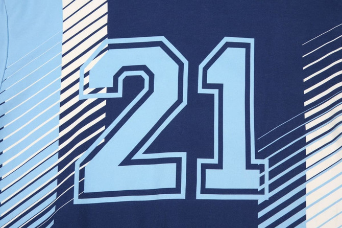 A navy blue hoodie featuring a large number "21" in light blue, with dynamic striped patterns.