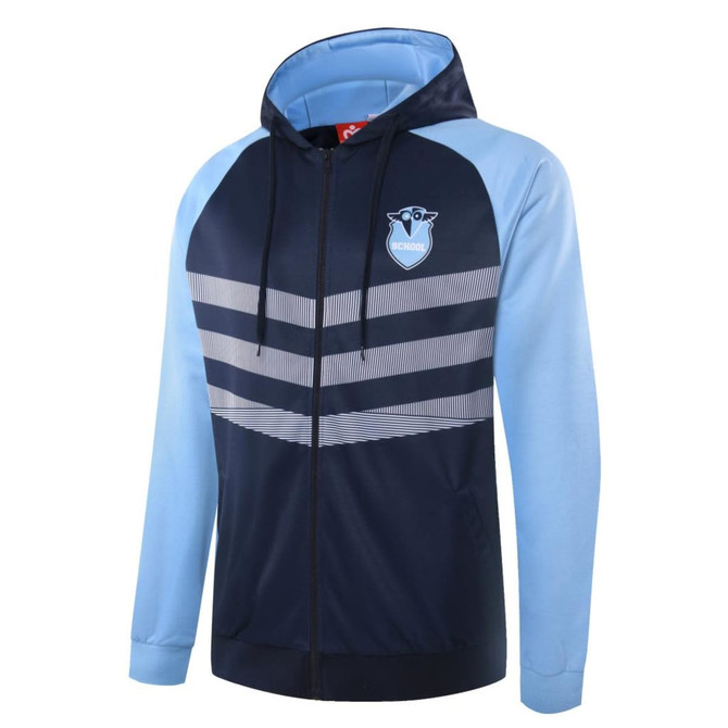 A polar fleece hoodie in navy blue and light blue, featuring a logo and patterned stripe detail.