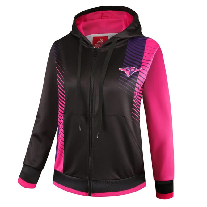 A women's hoodie jacket in black and pink with a zip front, featuring a logo and vibrant design elements.