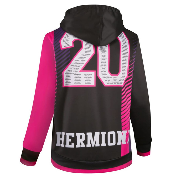 A women's hoodie jacket in pink and black with a large number "20" and the word "HERMONY" on the back, featuring a logo.