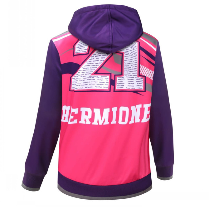 A hooded sweatshirt featuring a vibrant pink and purple design, with a large number and text on the back, plus a logo.