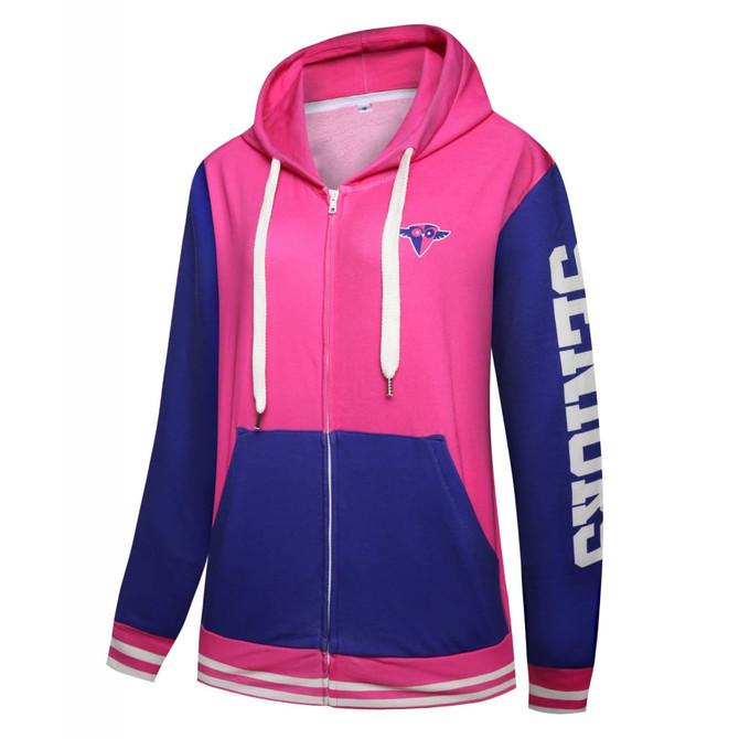 A pink and blue cotton hoodie with a front zipper and a logo on the chest. Features drawstrings and a stylish design.