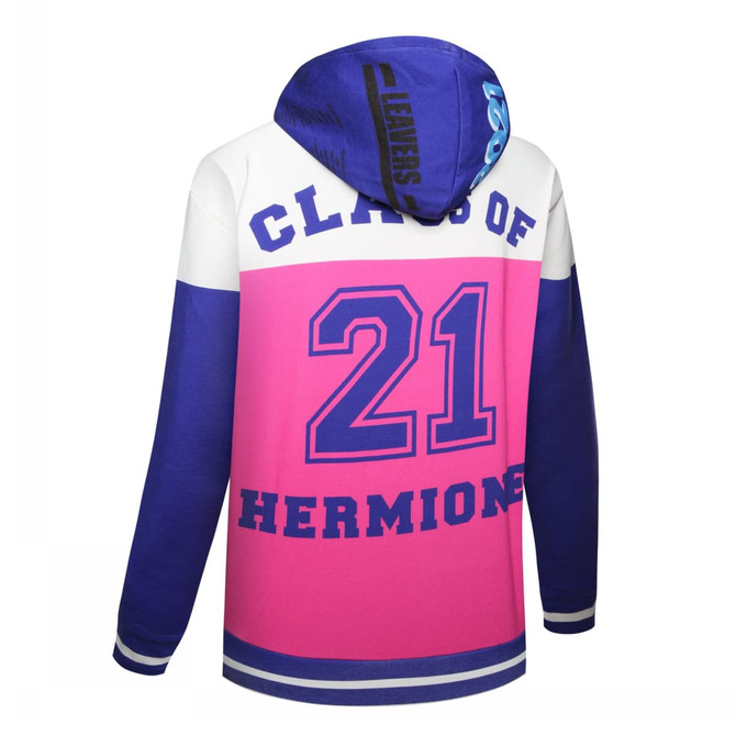 A cotton hoodie in pink, white and blue, featuring a hood and large printed design on the back.