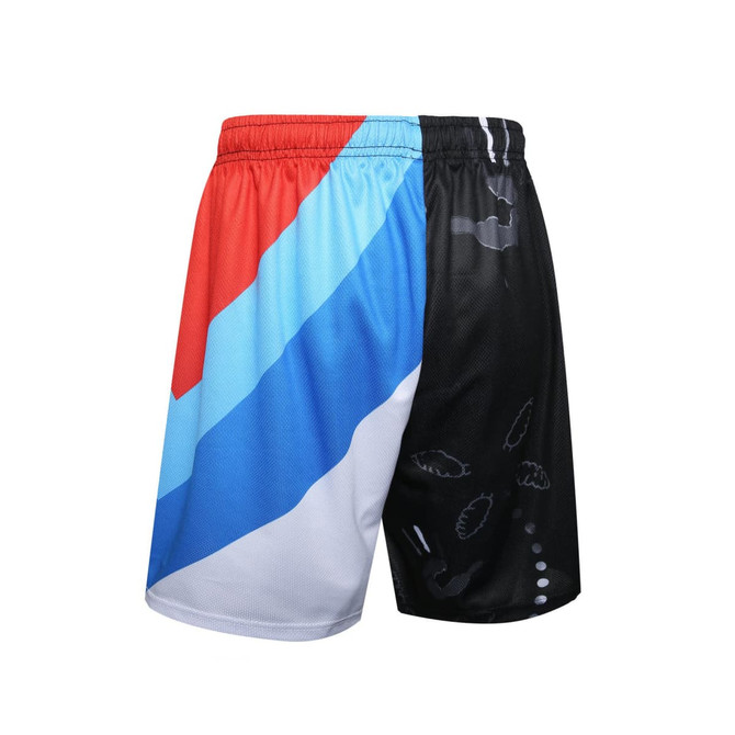 ABORIGINAL SHORTS featuring a blend of red, blue, white, and black colours with various patterns. Includes a logo.