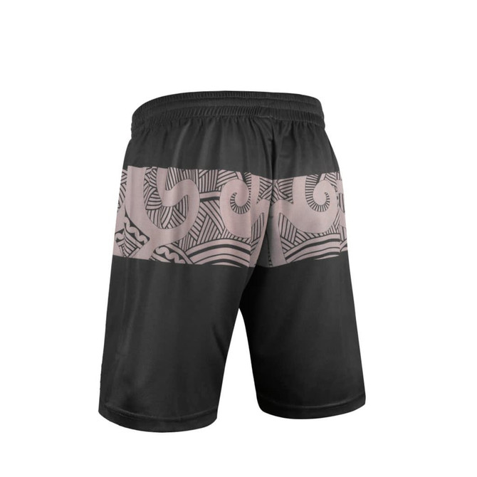 ABORIGINAL/INDIGENOUS shorts in black with intricate patterned detailing in a lighter shade across the front.