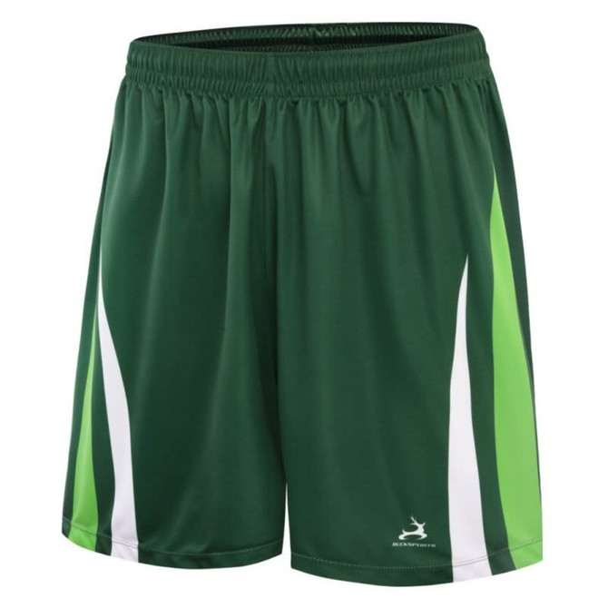 Green sports shorts with white and light green stripes, featuring a logo on the left side.
