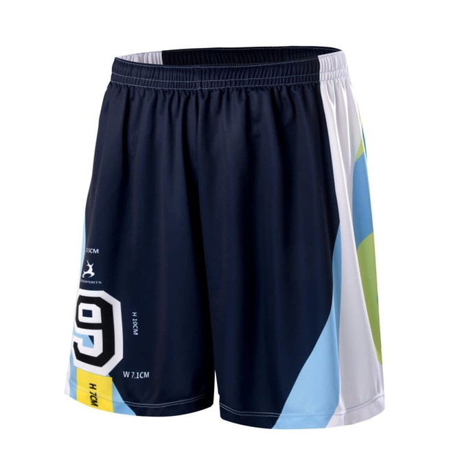 Navy and light blue soccer shorts featuring a logo and a number design on the front.