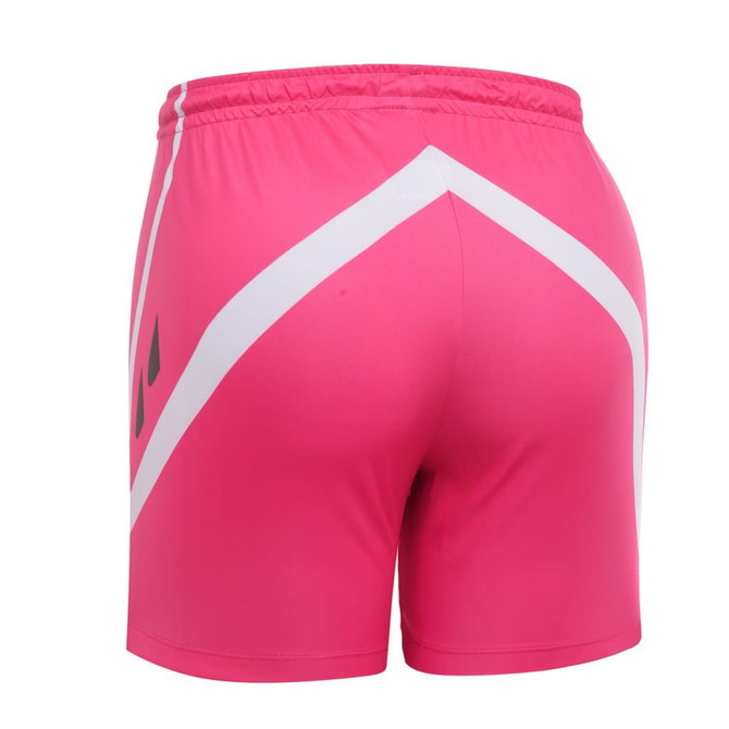 Bright pink shorts featuring a white diagonal design and a logo on the back.