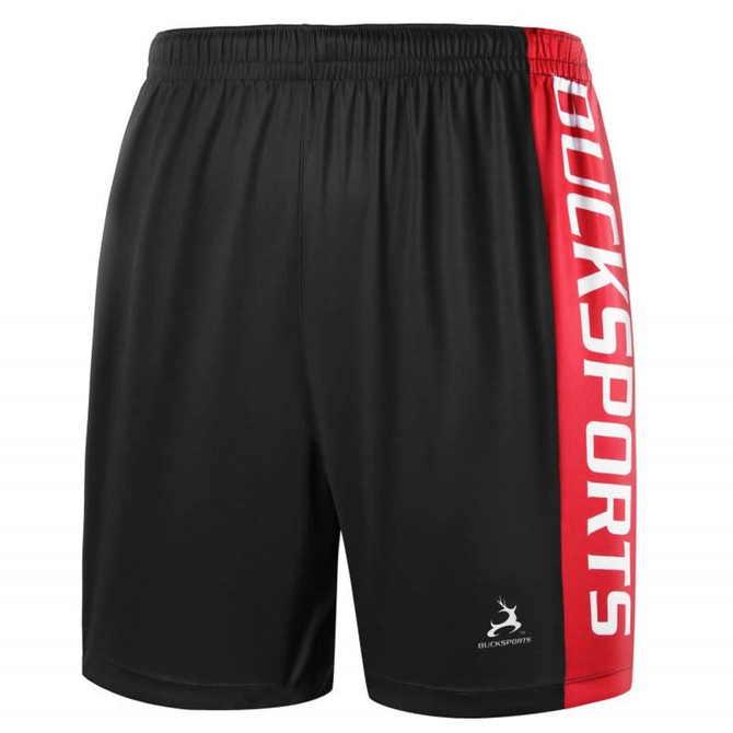 Black shorts with a red stripe featuring a logo and branding on the side.