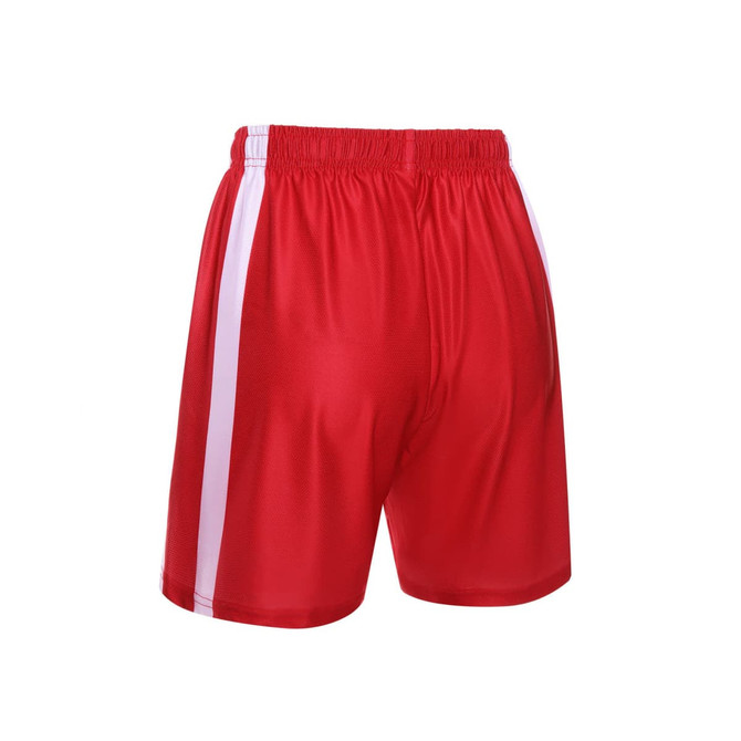 Red women's soccer uniform shorts featuring white side stripes and an elastic waistband. Includes a logo on the waistband.