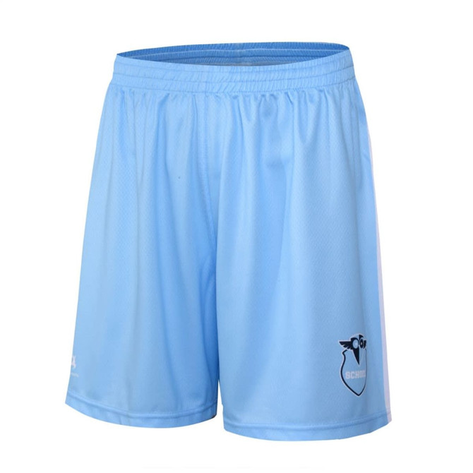 Light blue athletic shorts with an emblem and an elastic waistband.
