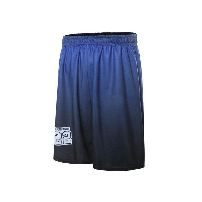 Shorts in a gradient design, featuring shades of blue and black with a logo and number "22".