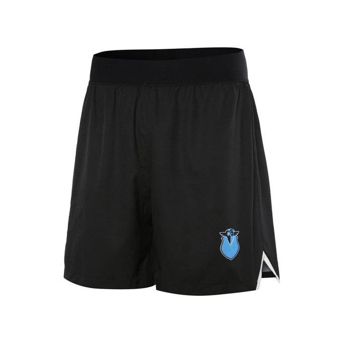 Black school wear shorts featuring a blue logo and side slits for ease of movement.