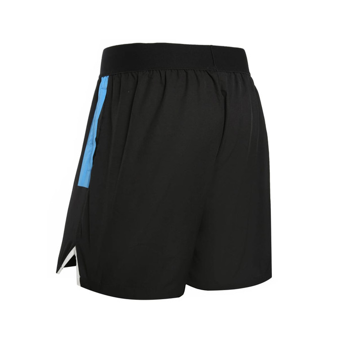 Black shorts featuring blue accents on the sides and a stretchy waistband. Includes a logo on the design.
