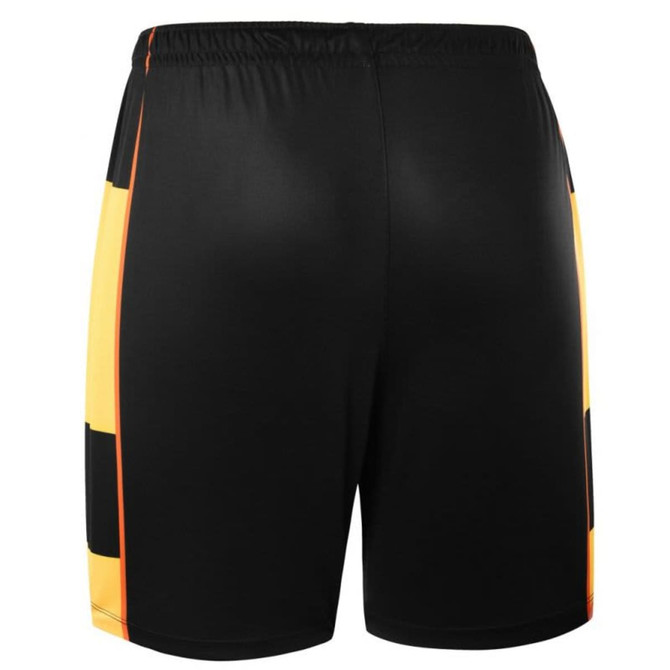 A pair of black training shorts with orange and yellow accents, featuring a logo.