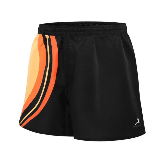 Twill shorts in black with orange and yellow stripes, featuring a logo on the side.