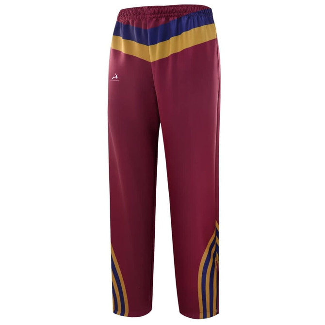 Zipper bottom training pants in maroon with blue and gold accents, featuring an emblem or logo.