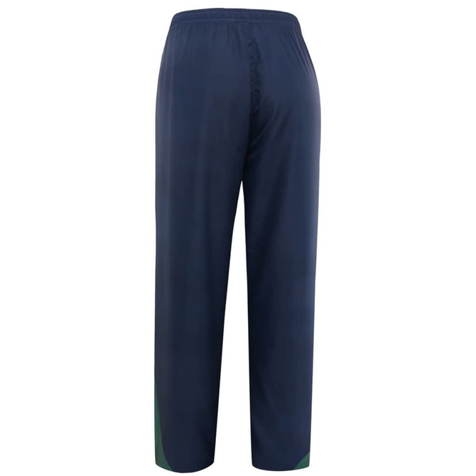 Navy pants with a contrasting green detail and elastic waistband, featuring a logo.