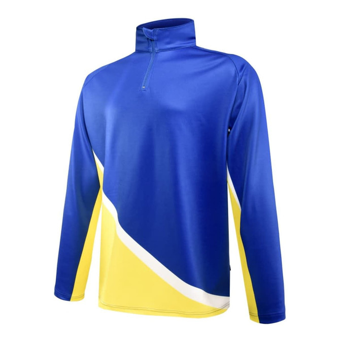 A pullover with a high collar in blue and yellow, featuring a dynamic printed design and a logo on the chest.