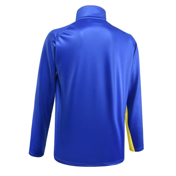 A blue and yellow sublimated pullover featuring a high collar and long sleeves, with a logo on it.