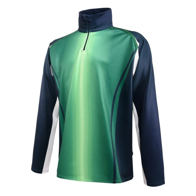A green and navy sublimated pullover featuring a half zip and contrasting panel design. It has a logo on it.