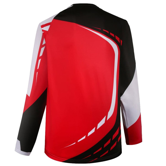 A heavy pullover featuring a bold design with red, black, and white colours, showcasing long sleeves and a back view.