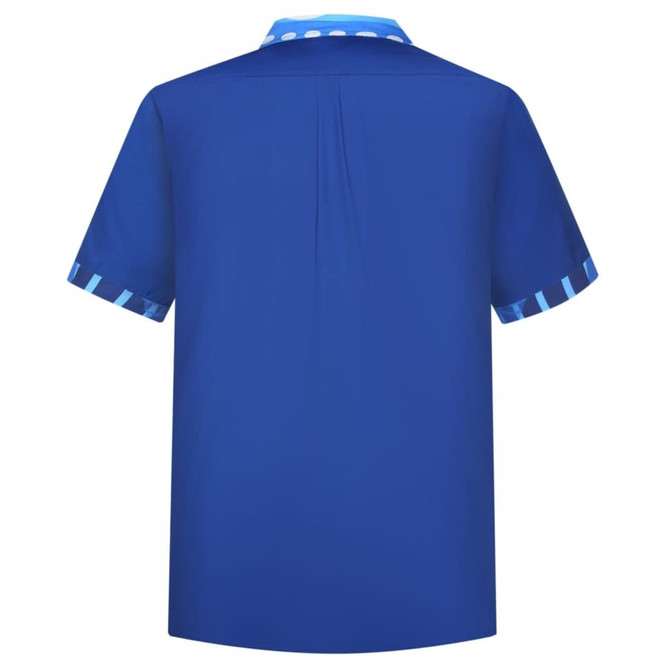 A blue indigenous shirt featuring a patterned collar and cuffs, with a simple logo on the back.