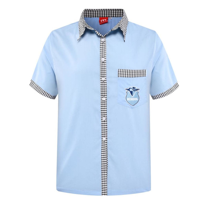 A short-sleeved blue school shirt featuring a checkered collar and pocket, with a logo on the pocket.