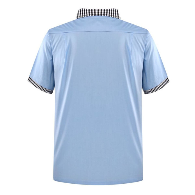 A light blue short-sleeve shirt with a checkered black and white collar. It features a back yoke and has a logo.