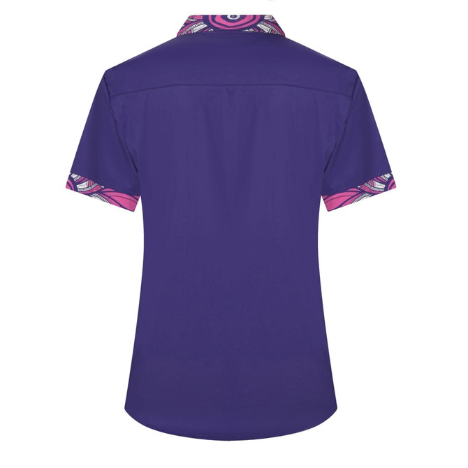 A purple short-sleeve shirt with patterned pink and multicoloured sleeves and a logo on the back.