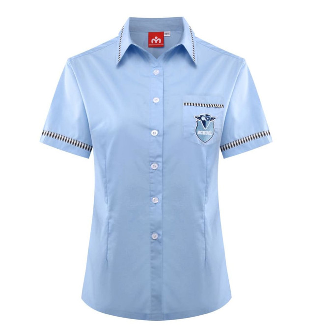 A light blue short-sleeved school shirt with a pocket and a logo, featuring striped detailing on the collar.