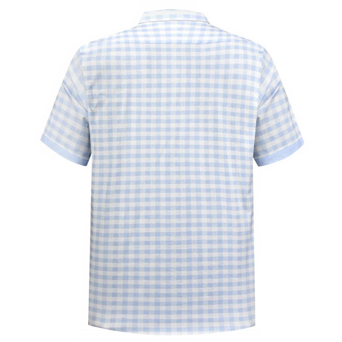 A short-sleeve shirt in a blue and white checkered pattern, featuring a collar and a logo on the back.