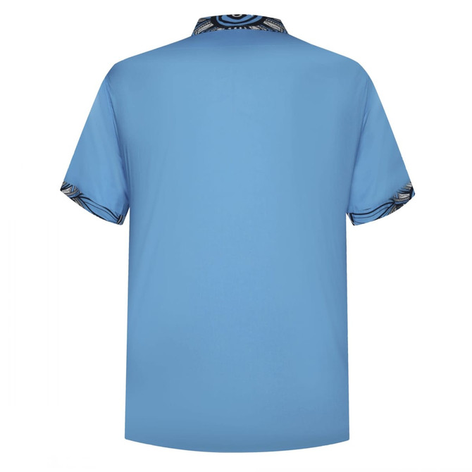 A cotton shirt in light blue with patterned detailing on the collar and sleeves, featuring a logo.