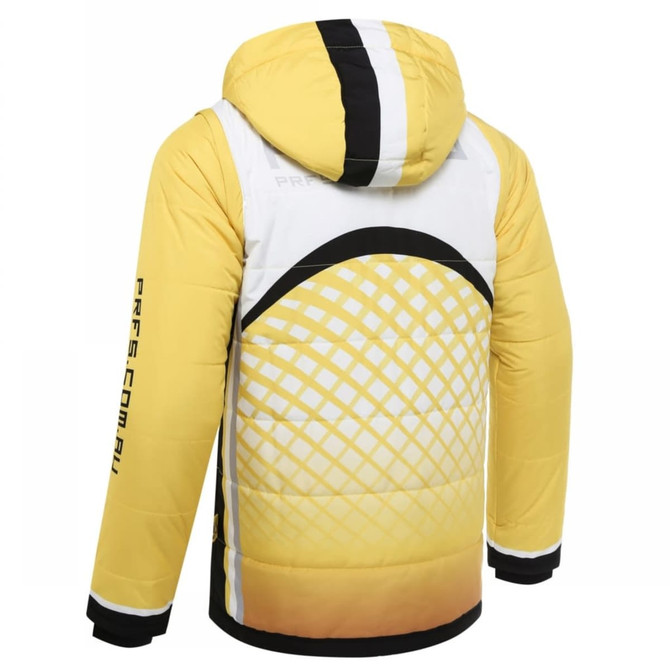 A yellow and white winter coat featuring removable sleeves and a hood, with a grid pattern on the back.