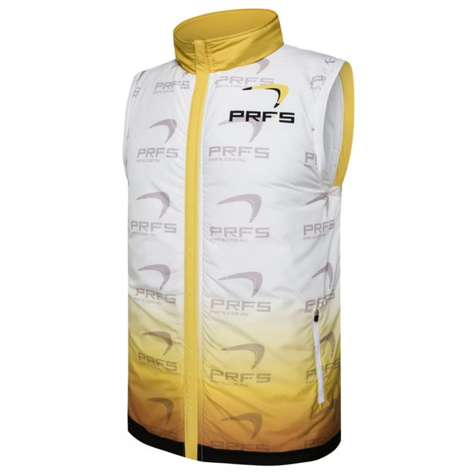 A sleeveless puffer coat featuring a white and yellow gradient design, with a logo on the front.