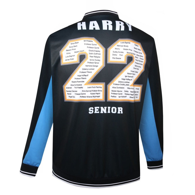A black varsity jacket with blue sleeves and the number 22 prominently displayed on the back, featuring a logo.