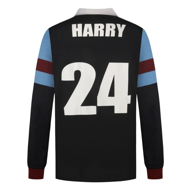 A black sports jumper with blue and maroon sleeves, featuring the numbers "24" and the name "HARRY" on the back.