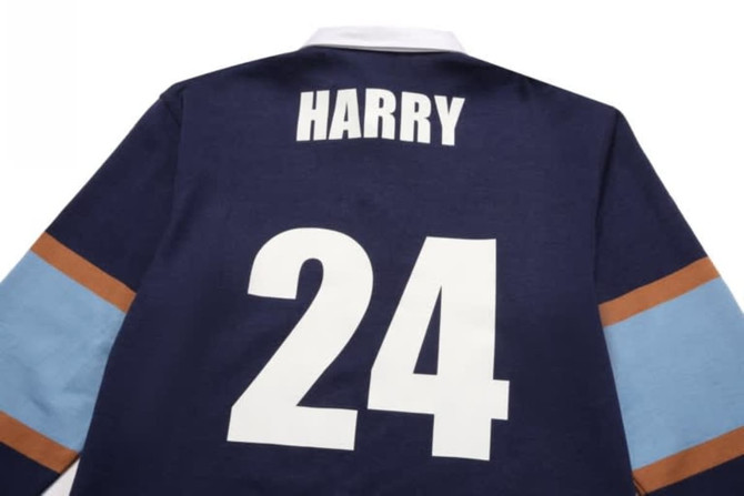 A navy sports jumper featuring brown and light blue stripes with a large white number 24 and a name.