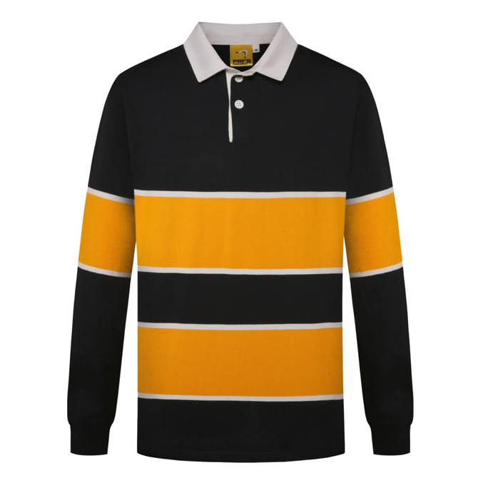 A black and yellow long-sleeve sports jumper with horizontal stripes and a white collar. Features a logo.