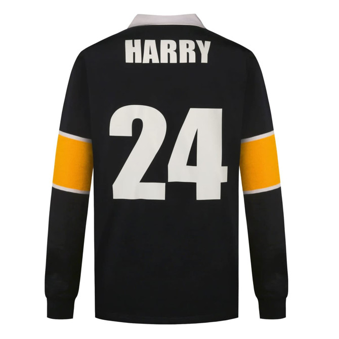 A black sports jumper with yellow and white striped sleeves, featuring the number 24 and a name at the back.