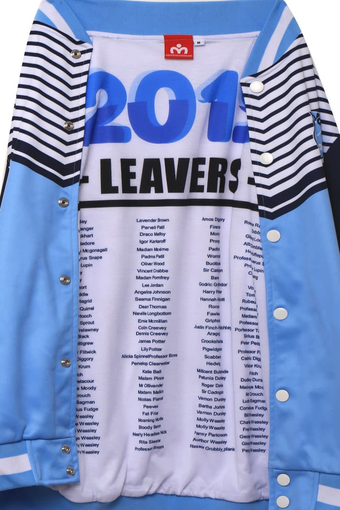 A blue sports jumper featuring a striped design and a list of names inside. It has a logo on the exterior.