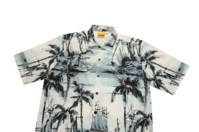 A short-sleeved shirt featuring a blue and white tropical print with palm trees and sailing ships. It has a collar and buttons.