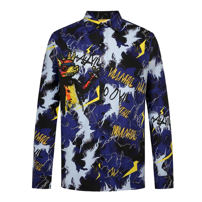 A colourful long-sleeve shirt featuring a bold graphic design with lightning and a character, primarily in blue and yellow.