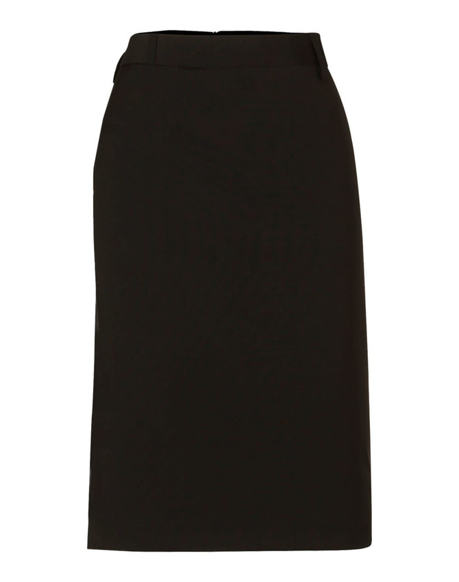 A black mid-length lined pencil skirt in wool stretch with a fitted silhouette and waistband.