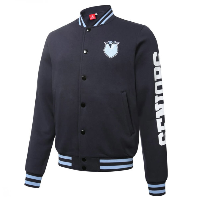 A navy baseball jacket featuring a logo and "SENIORS" text on the sleeve, with blue striped detailing.
