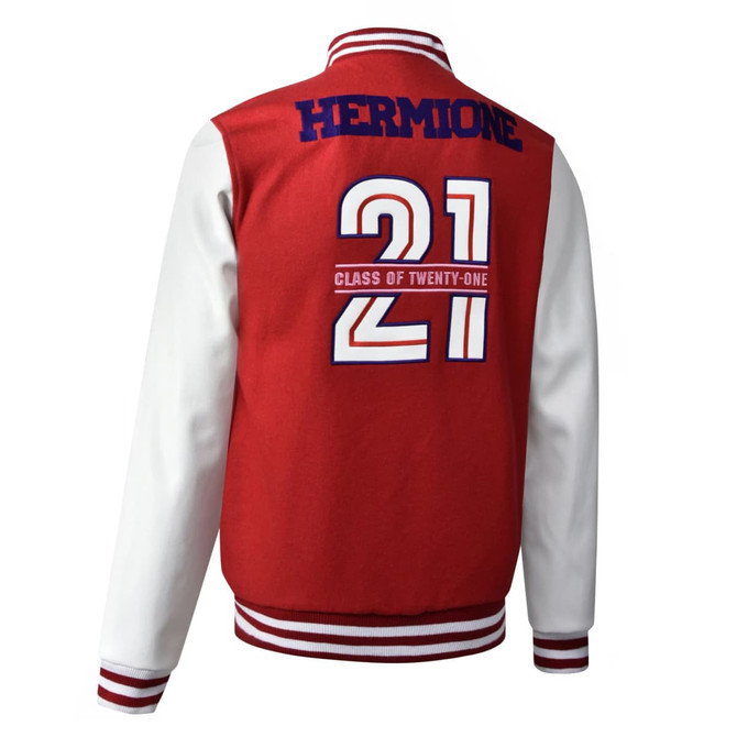 A red and white custom made letterman jacket with a logo on the back and the number 21.