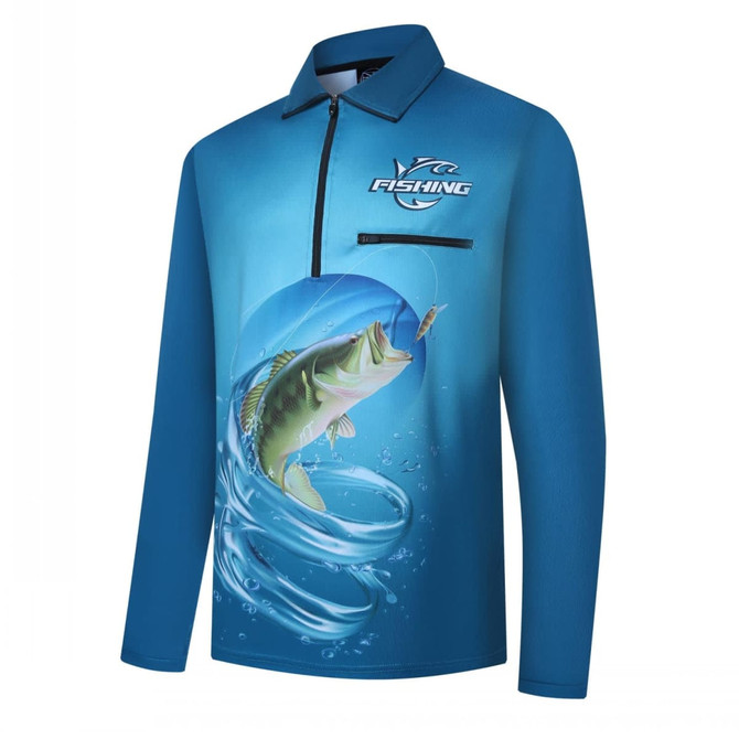 A blue long-sleeve fishing shirt featuring a fish graphic and a pocket with a logo.