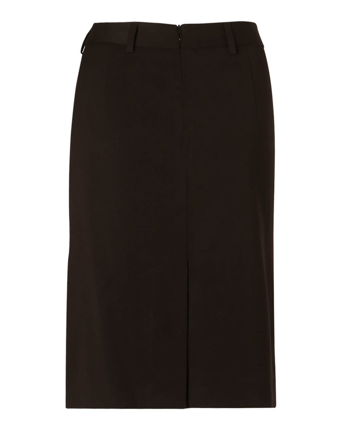 A black mid-length lined pencil skirt in poly/viscose stretch with a zip closure and a back vent.