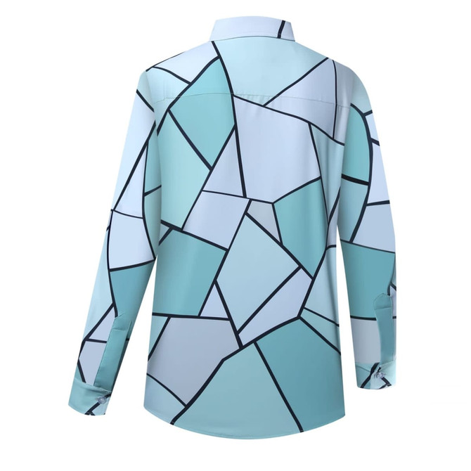 A long-sleeve shirt featuring a blue and white geometric pattern, with a logo on the back.