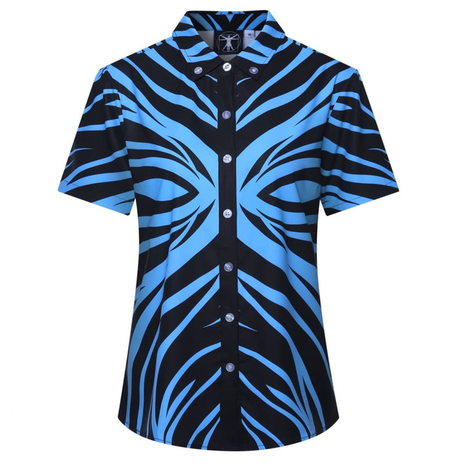 A short-sleeved shirt featuring a blue and black zebra stripe pattern, with a button-up front and a collar.